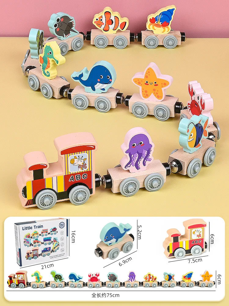 Montessori Magnetic Wooden Train Set with Animal & Vehicle Carriages