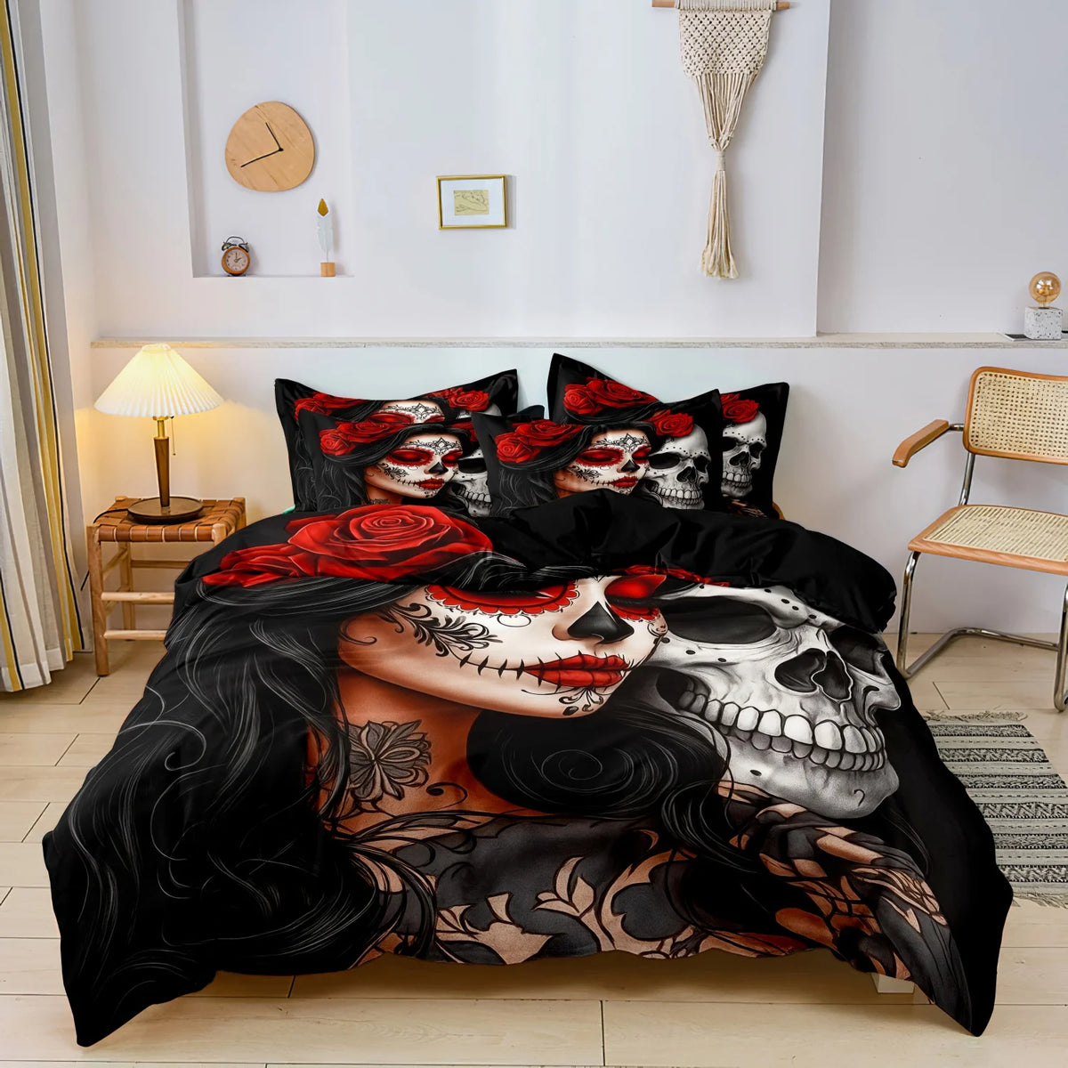 A black duvet cover featuring a large sugar skull design with red roses and floral accents.
