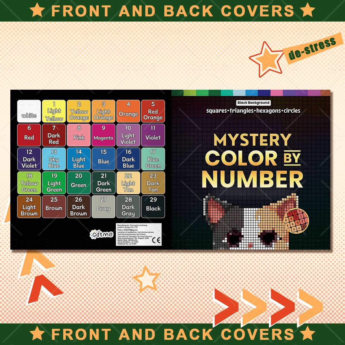 A grid of numbered squares representing various colors used for a mystery color puzzle book.