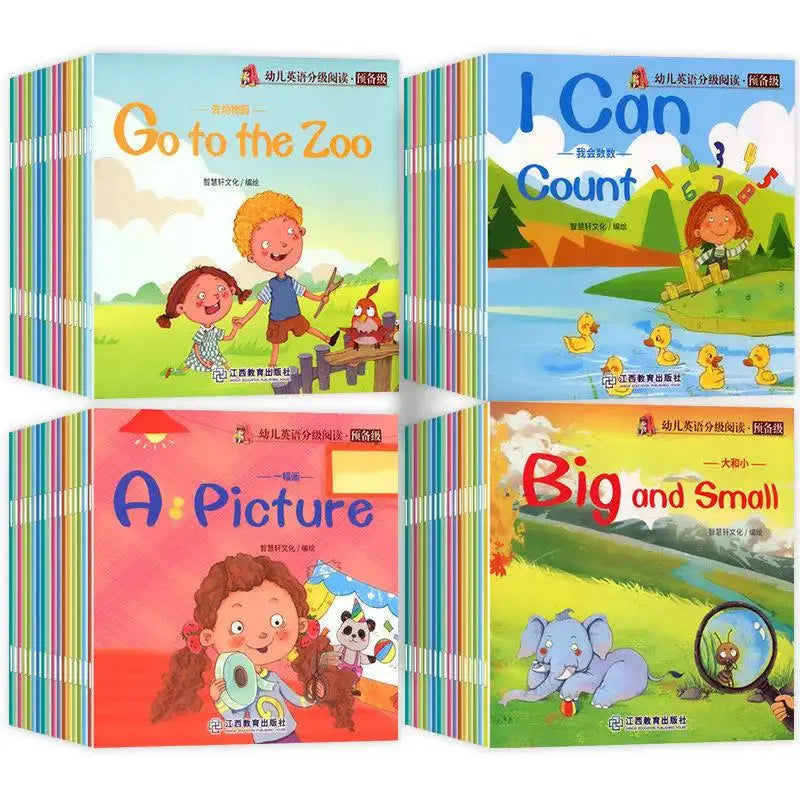 A set of six picture books for early English learning featuring themes like Go to the Zoo, I Can Count, and A Picture.