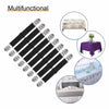 A set of four black elastic corner straps used to secure bed sheets, shown with examples of use on furniture and bedding.