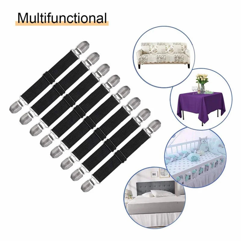 A set of four black elastic corner straps used to secure bed sheets, shown with examples of use on furniture and bedding.