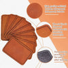 A stack of rustic faux leather hat patches in various shades of brown and orange, showing details about the material and prod