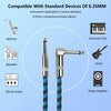 Braided 6.35mm guitar cable with a right-angle connector shown alongside various musical instruments.