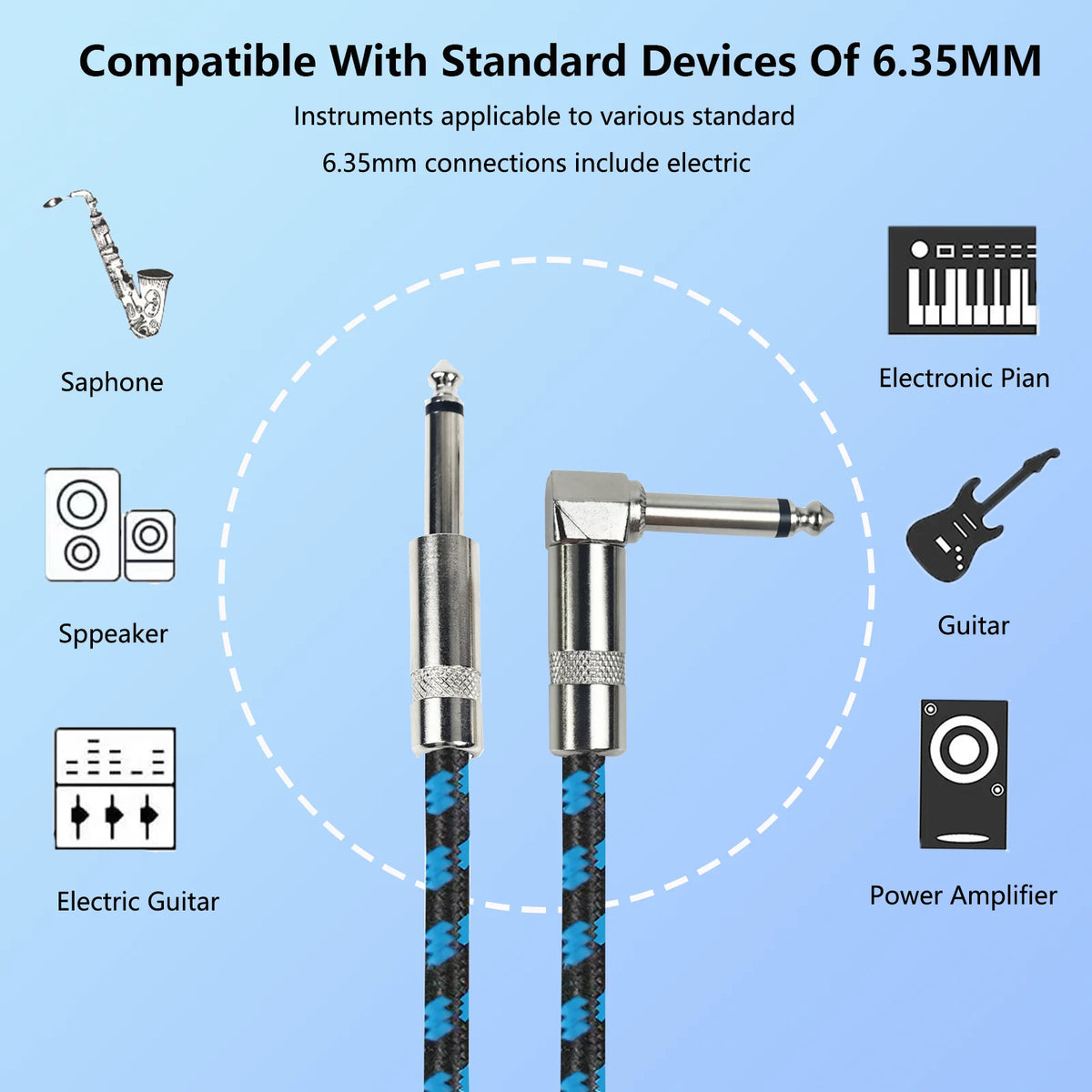 Braided 6.35mm guitar cable with a right-angle connector shown alongside various musical instruments.
