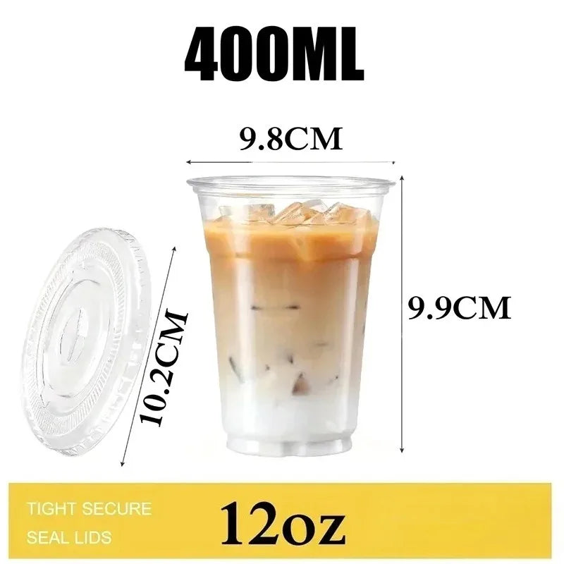 Clear PET plastic cup with a secure lid for a 12 oz cold drink.