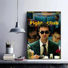Poster for Fight Club movie featuring a man in a suit and sunglasses, displayed on a shelf.