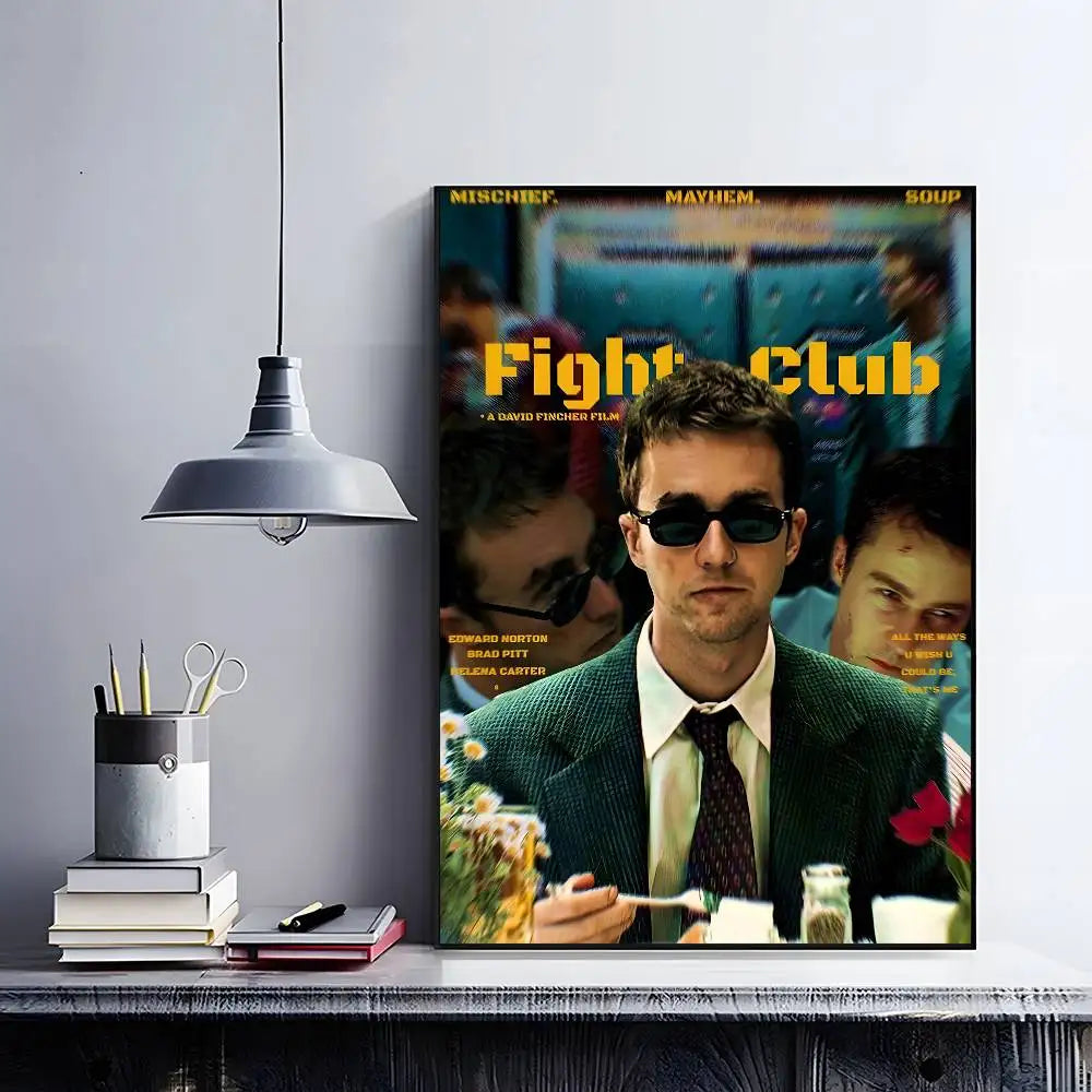 Poster for Fight Club movie featuring a man in a suit and sunglasses, displayed on a shelf.
