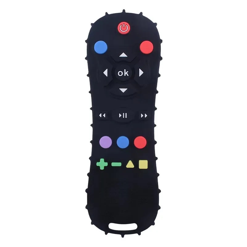 Black silicone teether game controller with various buttons and an ok function