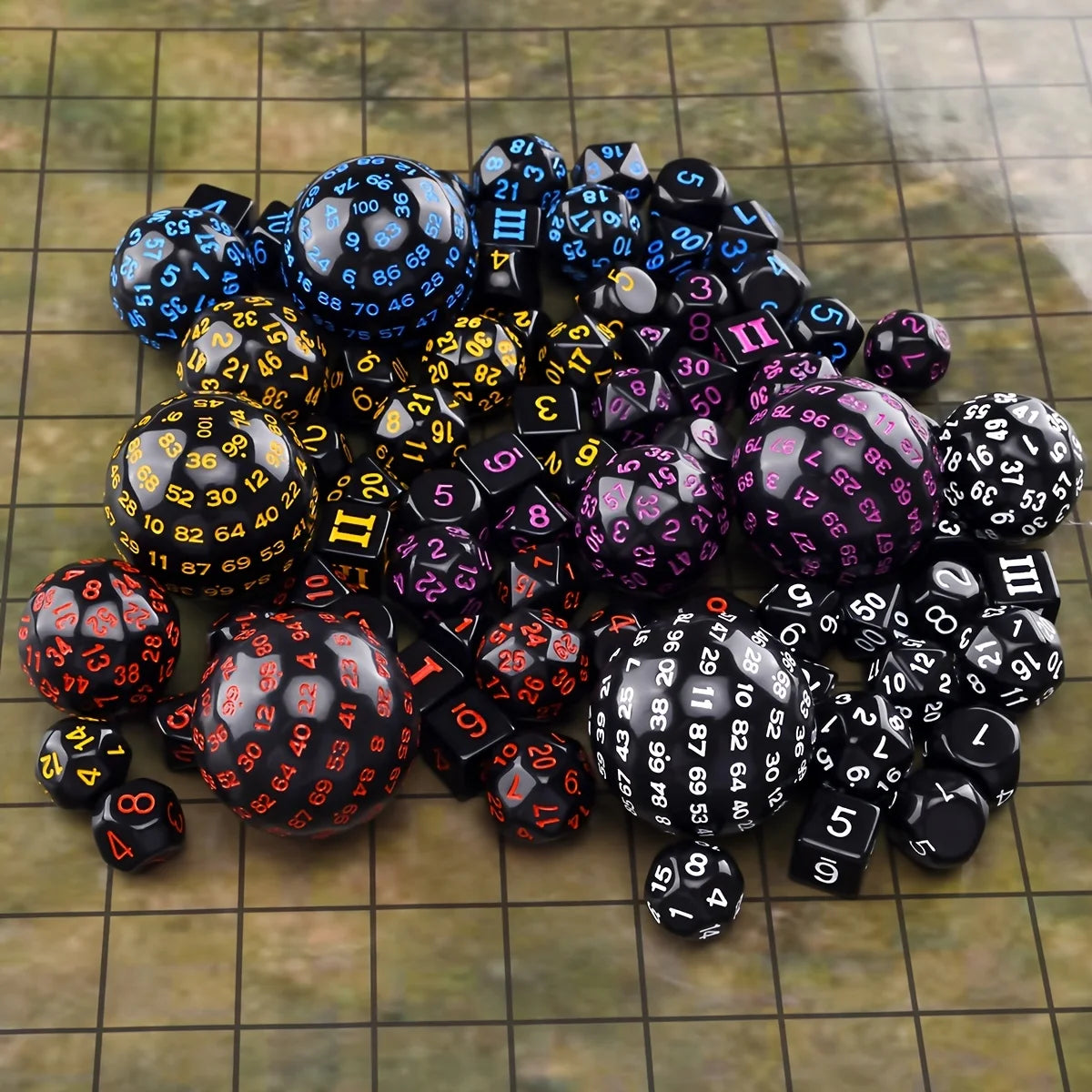 A pile of 15 polyhedral dice in various colors and sizes scattered on a tiled surface.