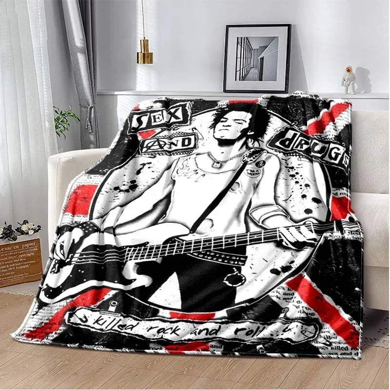 A black and white graphic fleece throw blanket featuring the My Chemical Romance band logo and imagery.