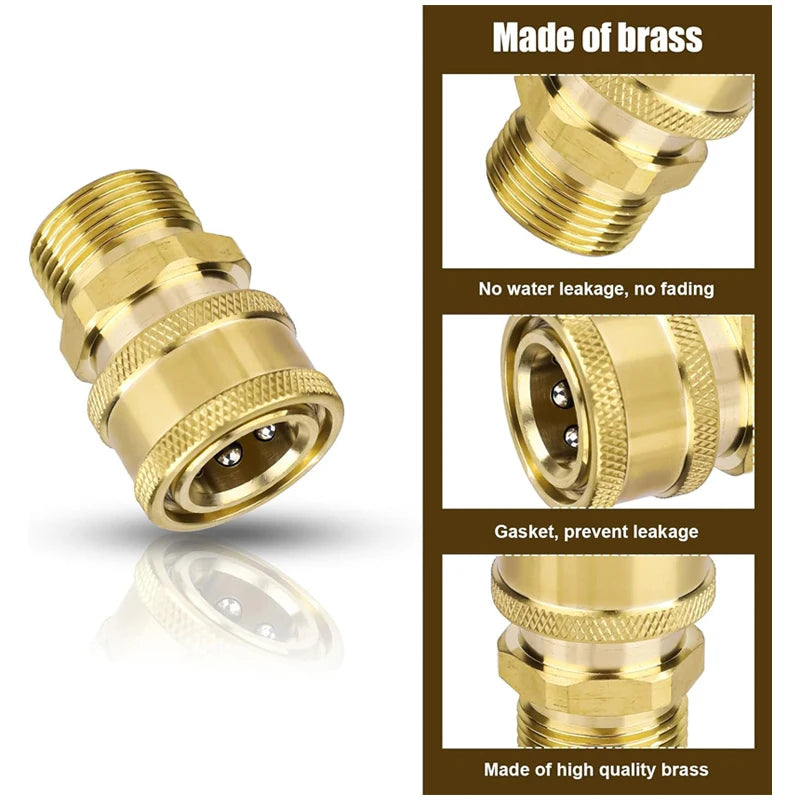 Brass pressure washer adapter kit showing various components and connection types