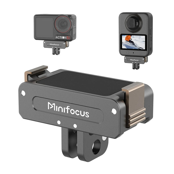 MiniFocus magnetischer Schnellverschluss-Adapter für DJI Osmo Action Kameras, mit separaten Kameragehäusen.