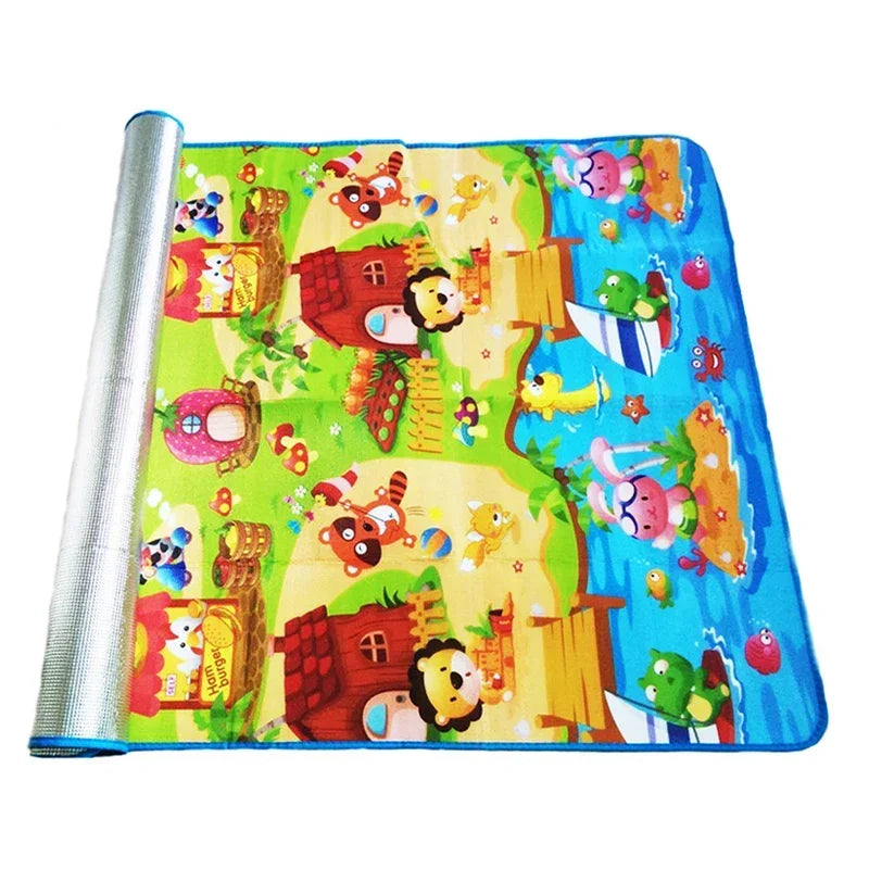 A colorful play mat featuring farm animal designs for baby