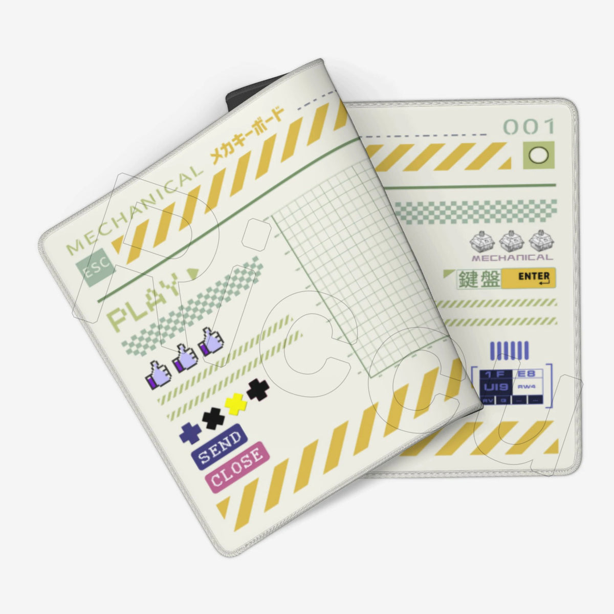 A Japanese art mouse pad featuring a green and yellow design with various icons and text on a white background.