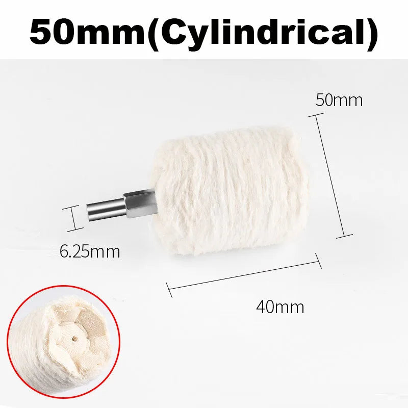 A white cylindrical cotton buffing wheel with a metal shank, shown next to a measurement scale.