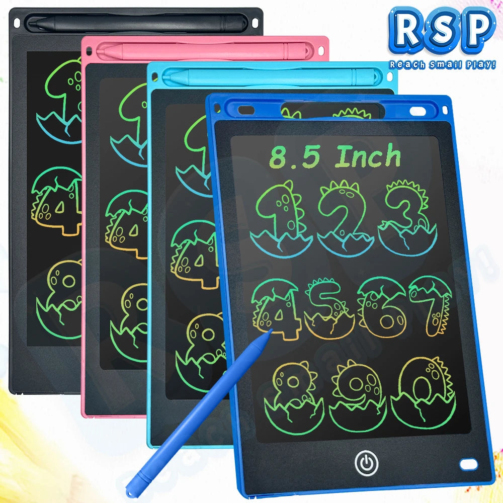 A set of colorful 8.5 inch LCD writing tablets for kids with stylus pens displayed together.