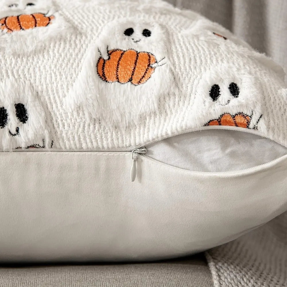 White knitted ghost pattern throw pillow cover with orange pumpkin details