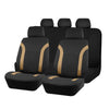 A set of four black car seat covers with tan accents shown in a row.