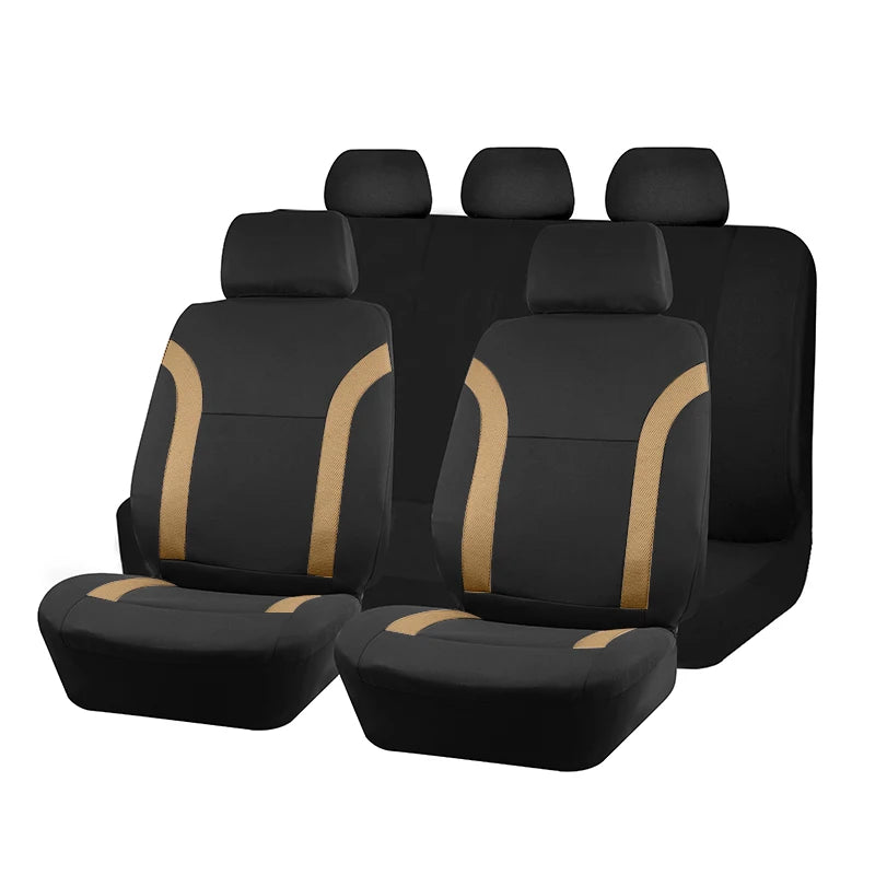 A set of four black car seat covers with tan accents shown in a row.