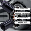 Black aluminum alloy bullet shell tire valve stem caps shown with a wheel in the background.