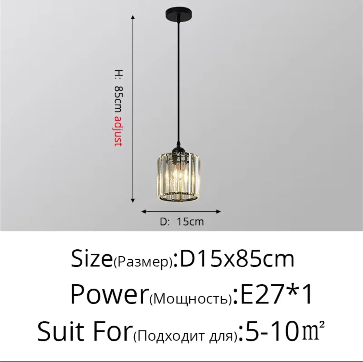 A crystal pendant light fixture with an iron frame, measuring 15cm in diameter and 85cm in height.