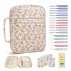 A floral quilted Bible cover with a zipper pocket and carry handle shown next to various colored pens and a palette.