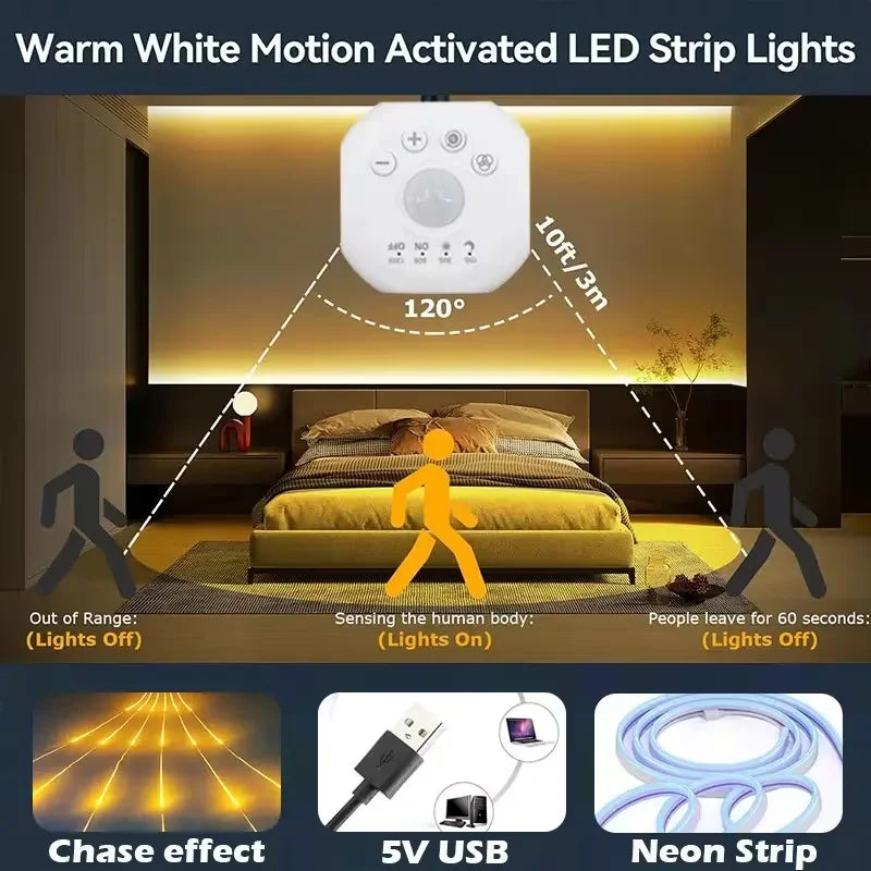 Warm white motion activated LED strip lights with a chasing effect and color temperature selection