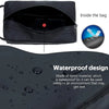 A black nylon waterproof toiletry bag is shown with a close-up of its interior and water droplets on the exterior.