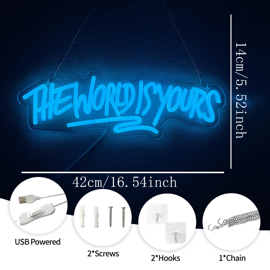 Blue neon sign with the text The World Is Yours displayed on a dark background, shown with accessory details.