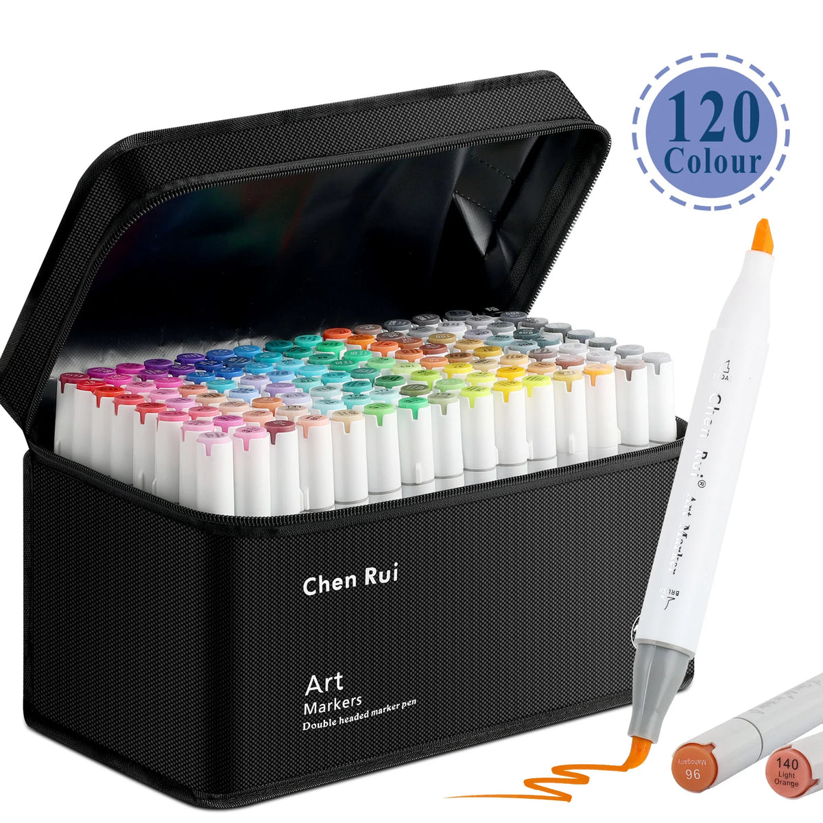 A set of 120 color alcohol art markers in a black case with a brush and chisel tip pen shown next to it.