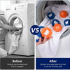 Before and after comparison showing laundry balls for pet hair and lint removal