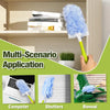 A multi-scenario application of a blue electrostatic duster shown next to a computer, shutters, and bonsai plant.