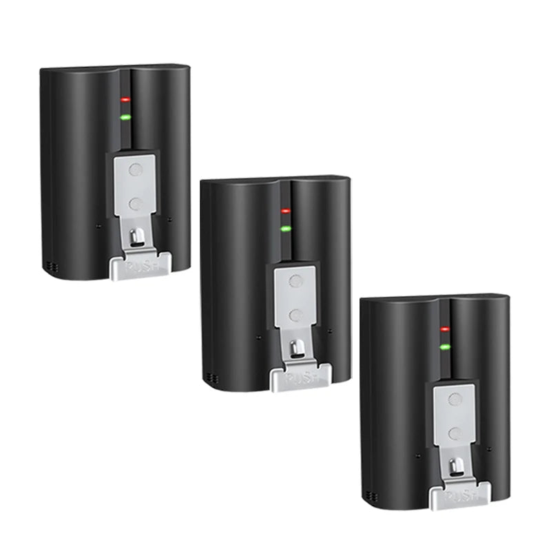 Three black rechargeable batteries for Ring video doorbells and cameras, shown in a vertical orientation.