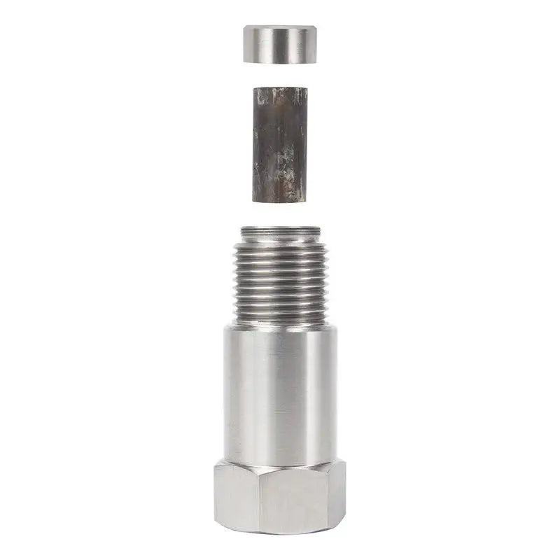 A silver metal exhaust pipe adapter connector with a threaded section and a smooth top piece.