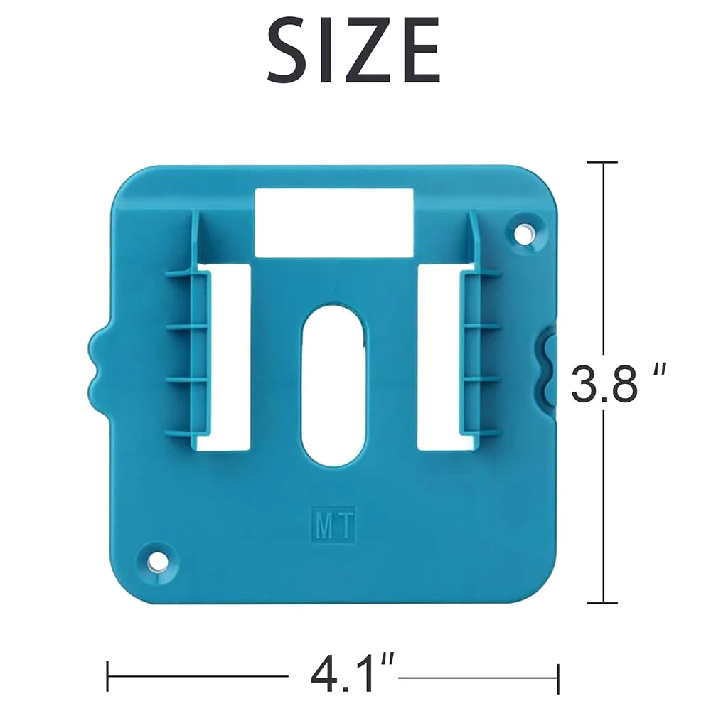 A teal wall-mount holder designed to secure and organize Makita 18V batteries and power tools.