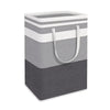 A large foldable canvas laundry basket with gray and white horizontal stripes.