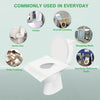 A white disposable toilet seat cover is shown with various usage contexts like hotels, aircraft lavatory, and shopping malls.