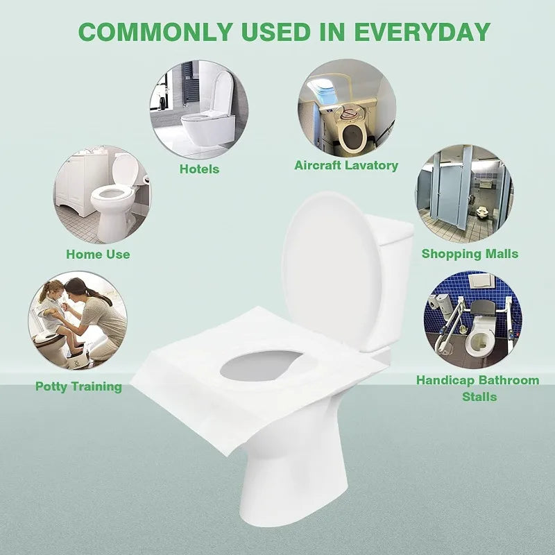 A white disposable toilet seat cover is shown with various usage contexts like hotels, aircraft lavatory, and shopping malls.
