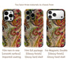 Three options for a Ladybug Swirl magnetic phone case featuring imported coating, glossy finish, or a glossy hard shell.