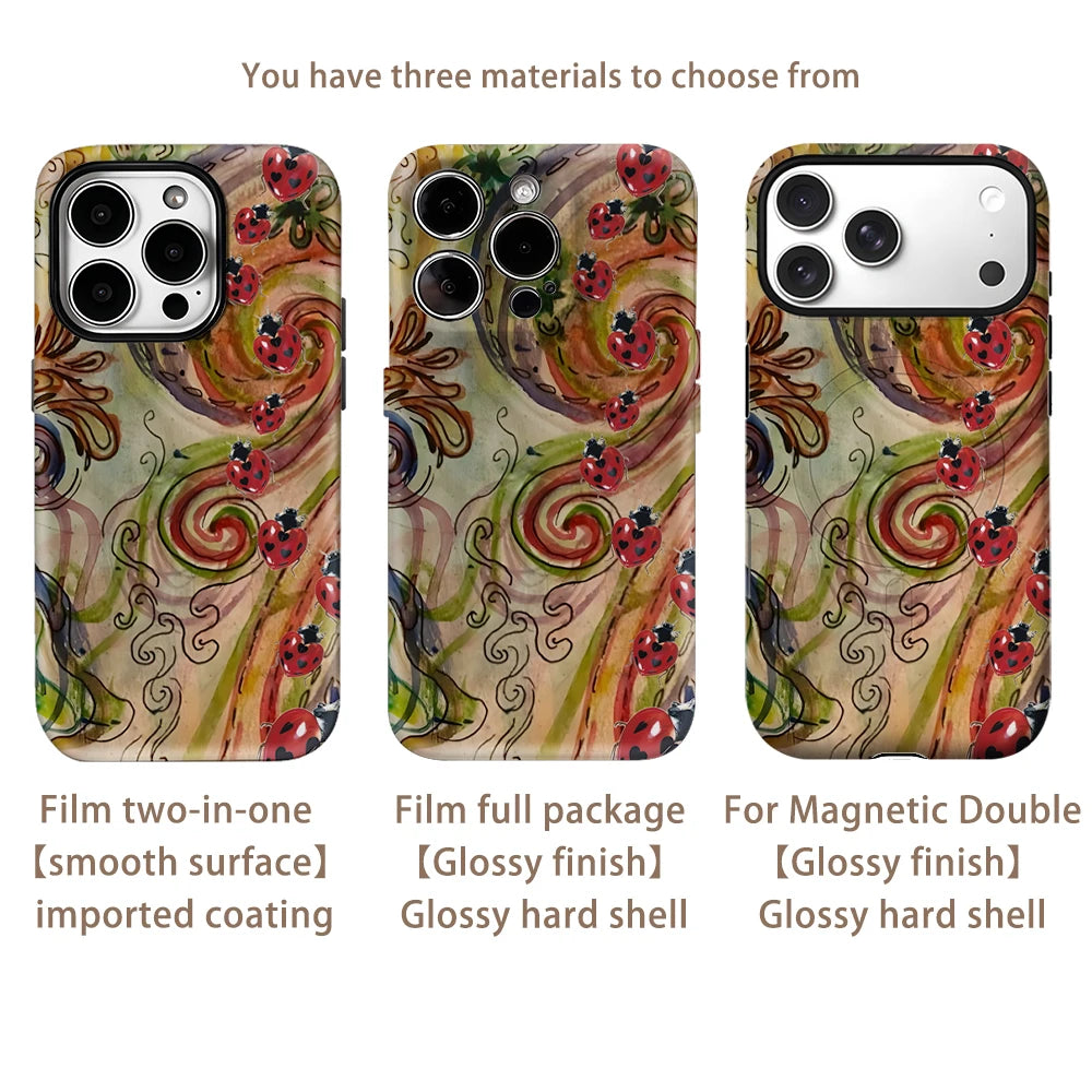 Three options for a Ladybug Swirl magnetic phone case featuring imported coating, glossy finish, or a glossy hard shell.