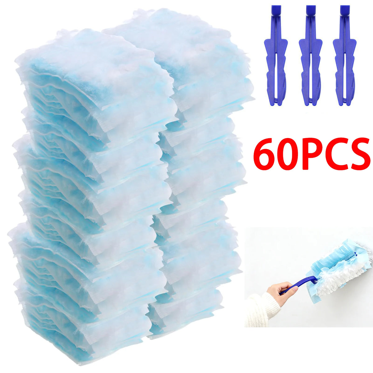 A stack of 60 electrostatic dusting refills with blue fiber heads and purple handles.