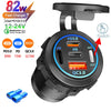 A black car charger with a display showing PD3.0, PD, and QC3.0 modes, featuring multiple ports and a switch.
