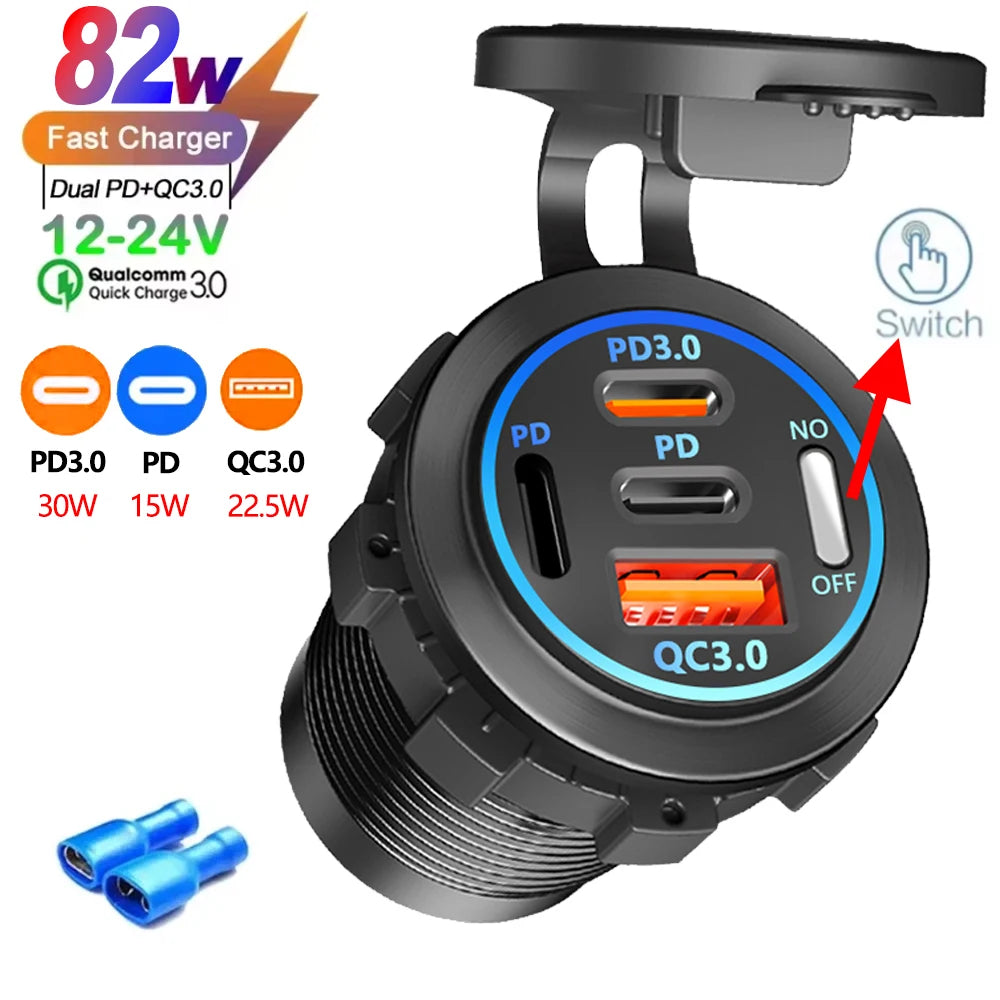 A black car charger with a display showing PD3.0, PD, and QC3.0 modes, featuring multiple ports and a switch.