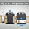 A black low-profile clip is shown next to a ruler, demonstrating its size and use as a tool belt holster.
