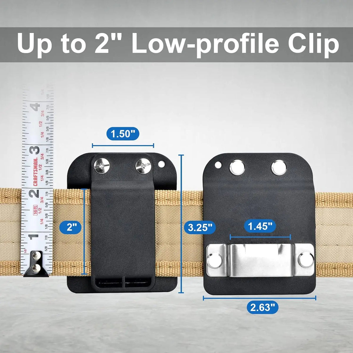 A black low-profile clip is shown next to a ruler, demonstrating its size and use as a tool belt holster.