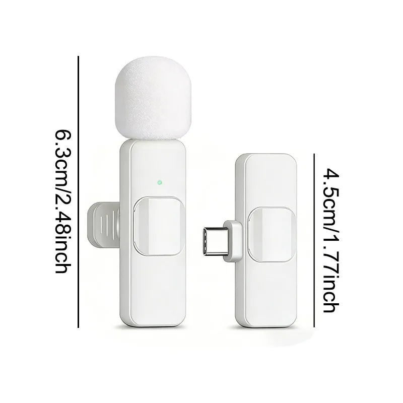 A white wireless lavalier microphone with a foam windscreen and clip is shown next to its disassembled parts.