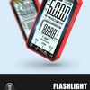 A red digital multimeter with a large screen and flashlight is shown against a gray background.