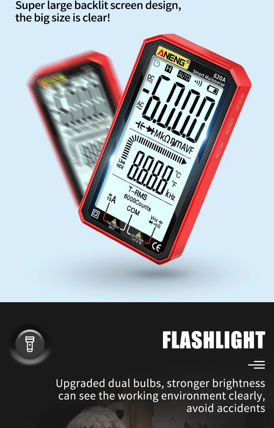 A red digital multimeter with a large screen and flashlight is shown against a gray background.