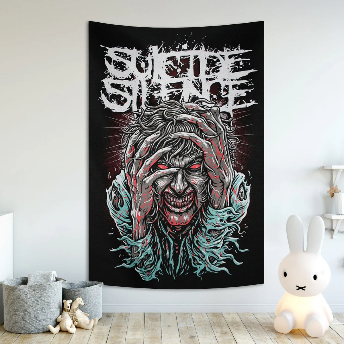 A black tapestry featuring a distressed, bloody face with long hair and intense eyes, rendered in white and red tones.